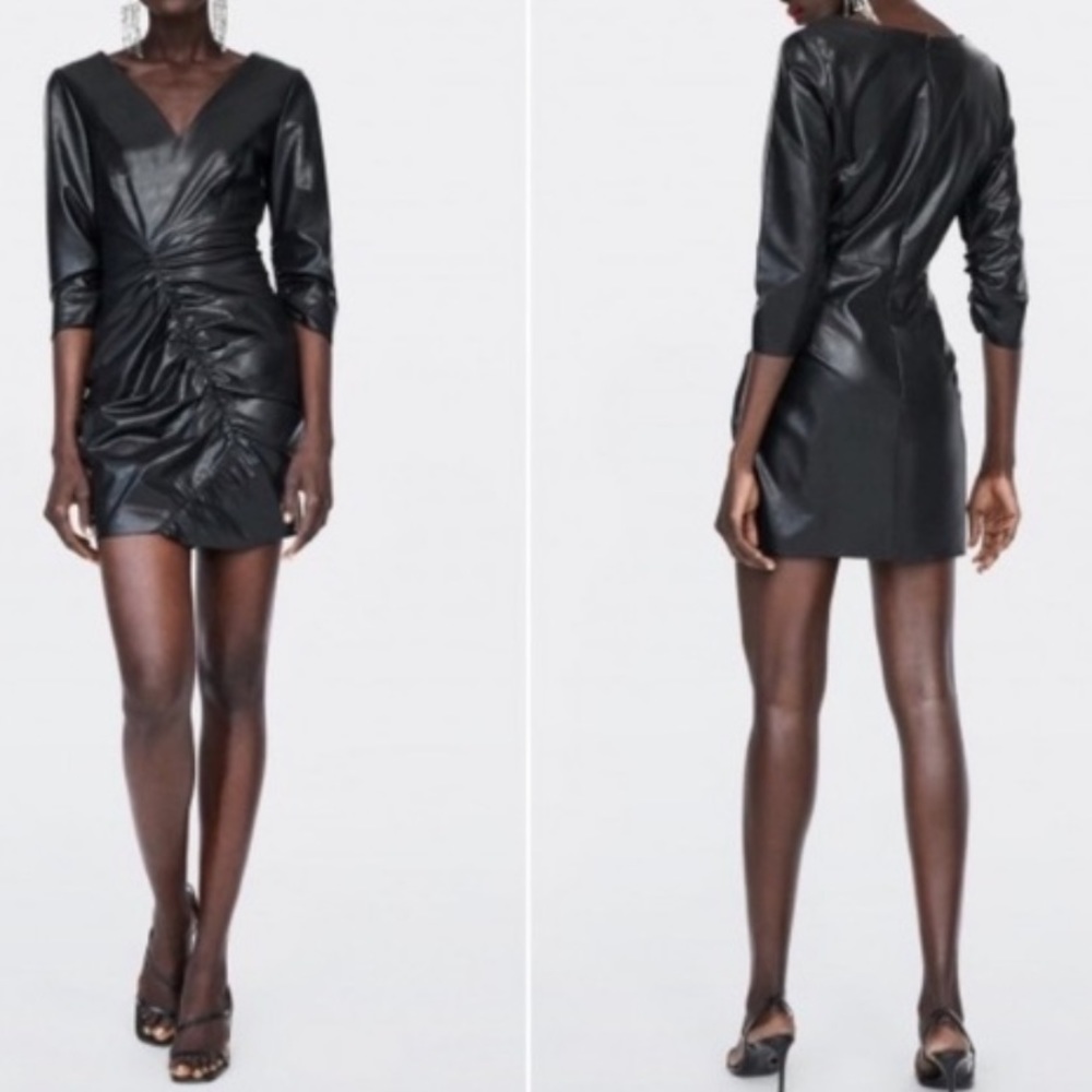 Zara women black faux leather ruched mini dress XS three quarter sleeve LBD NWT - Picture 5 of 6